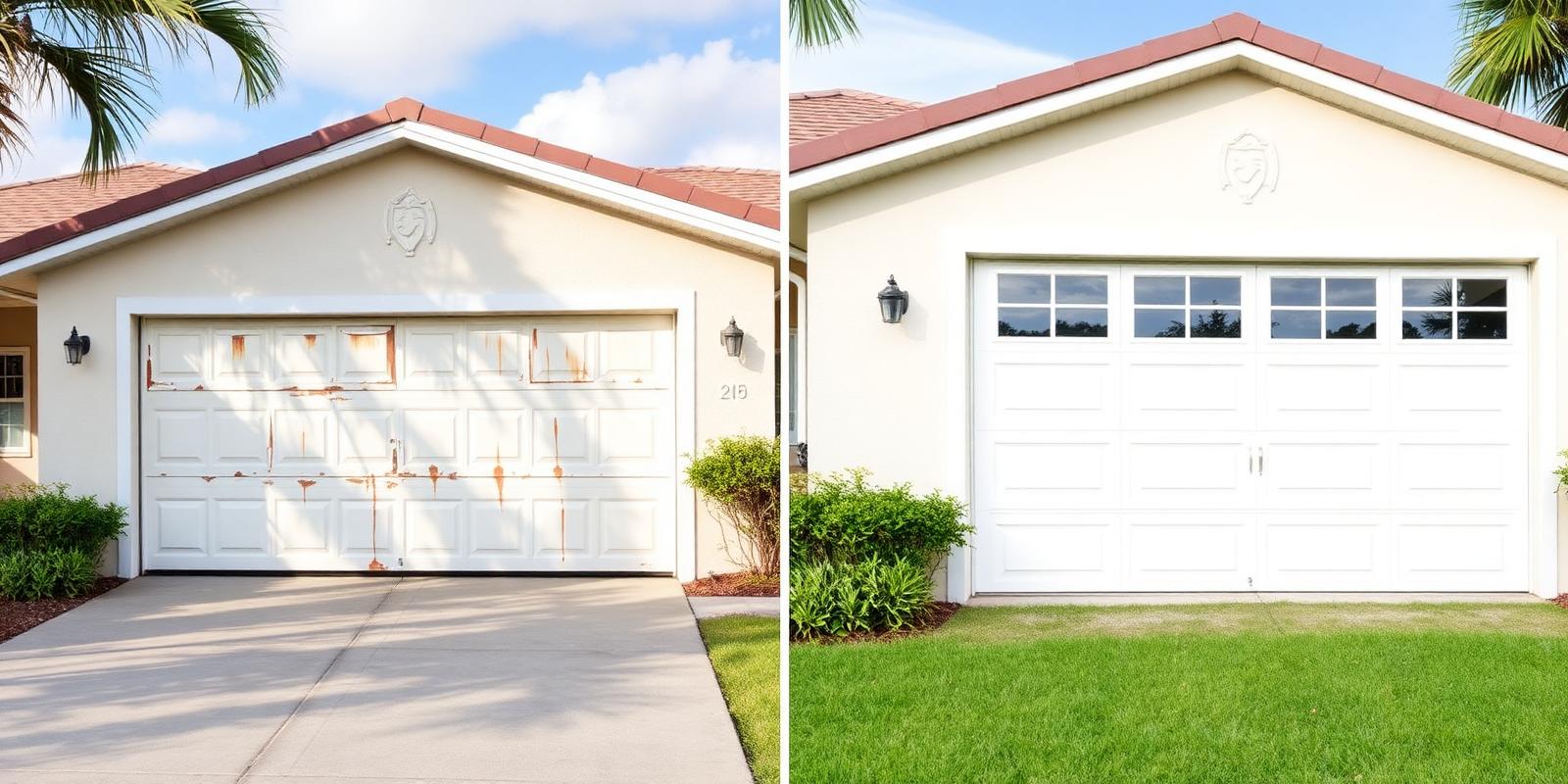Before and after: a corroded white steel garage door on a West Palm Beach home on the left, and the same opening with a new powder-coated steel door on the right.