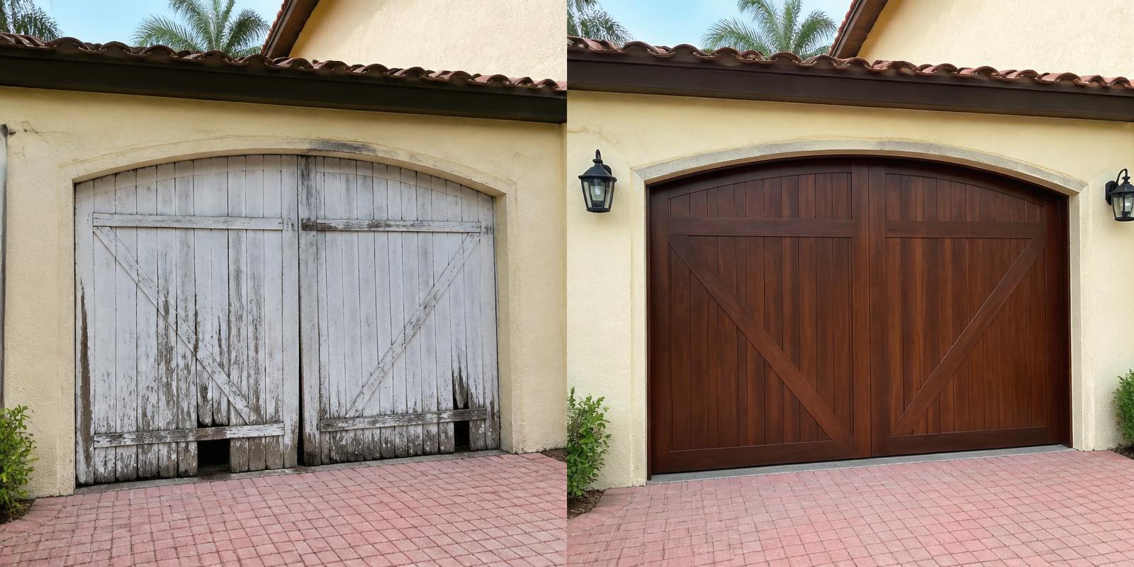 Before and after: a plain flush garage door on the left, and a wood-look insulated carriage-style door with decorative hardware on the right.