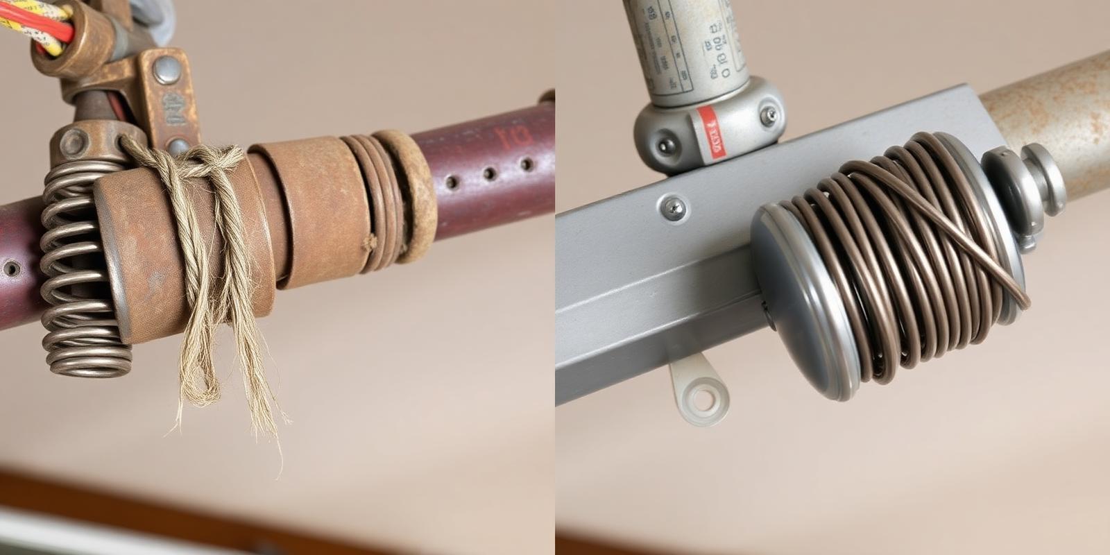Before and after: a snapped torsion spring hanging above a garage door on the left, and a matched pair of newly installed cycle-rated torsion springs on the right.