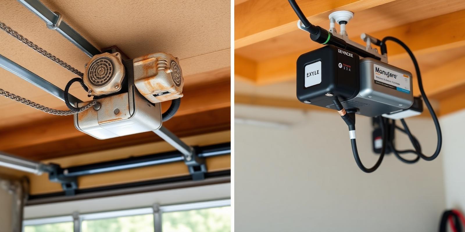 Before and after: an old chain-drive garage door opener with a rusted rail on the left, and a new belt-drive opener with tidy wiring on the right.