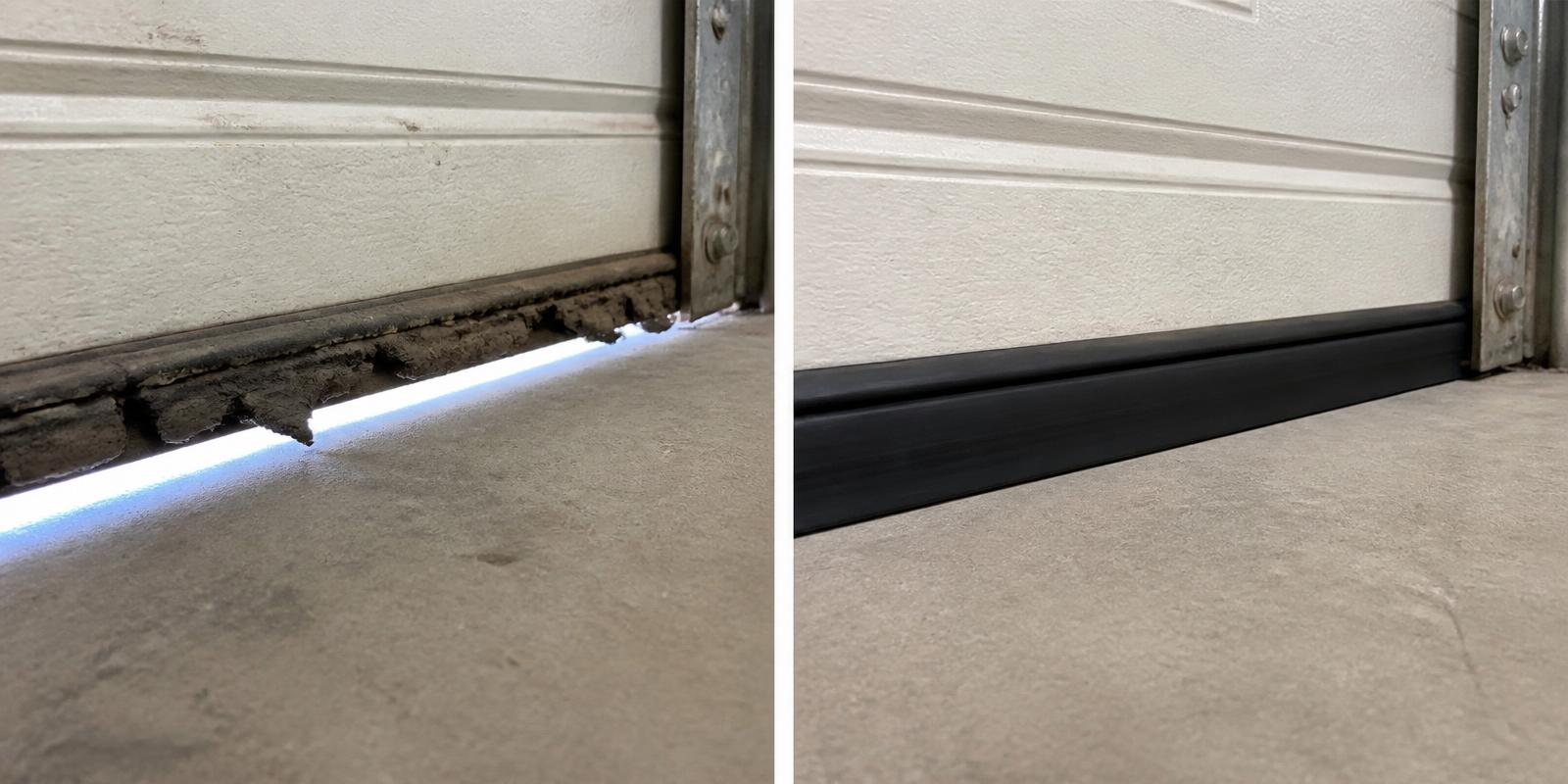 Before and after: a cracked, gapped garage door bottom seal letting in daylight on the left, and a new astragal seal sitting flush to the slab on the right.